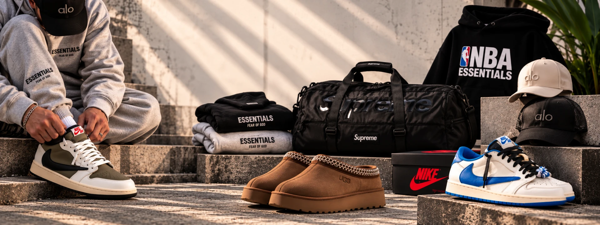 Sneakers en streetwear op betonnen trappen